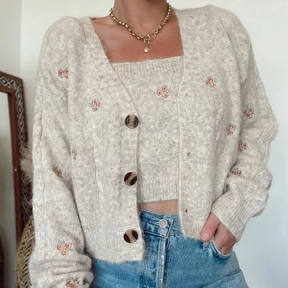 Floral Knit Cardigan Set Beige - New - Picture 1 of 9